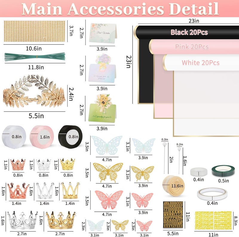 Besuper 260Pcs Flower Bouquet Wrapping Paper Kit, 60 Sheets Waterproof Paper, 36 Butterflies, 8 Crowns, 1 Headband, 4 Ribbons, 15 Cards, 100 Diamond Pins, 30 Floral Wire, 3 Stickers, 3 Tapes (3 Mix Colors) - Image 2